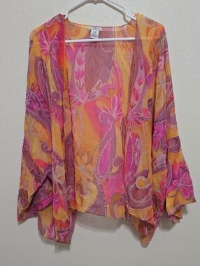 Sheer Paisley Kimono Silk Cardigan in Pink & Mustard S/M
